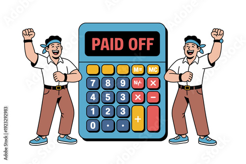 Two cartoon men celebrating with fists raised beside a large calculator displaying 'PAID OFF'
