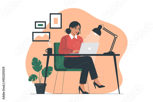 A woman works on her laptop at a desk with a lamp and plant in a modern home office setting.