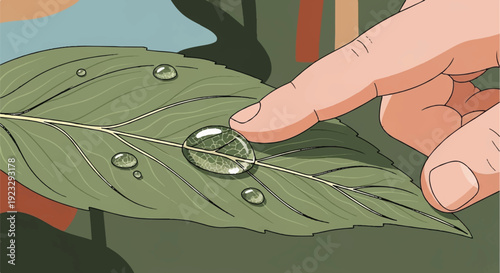 Mindful Nature Connection: Hand Gently Interacting with a Pristine Dewdrop on a Green Leaf