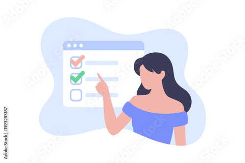 A woman pointing to a checklist on a computer screen with a satisfied expression