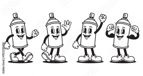 spray paint can funny cartoon mascot character in different poses