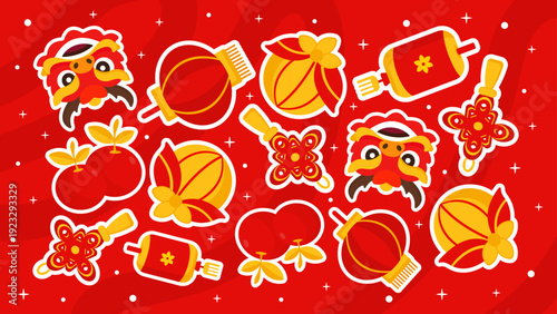 Dynamic Chinese New Year pattern with dragon heads lanterns and citrus fruits
