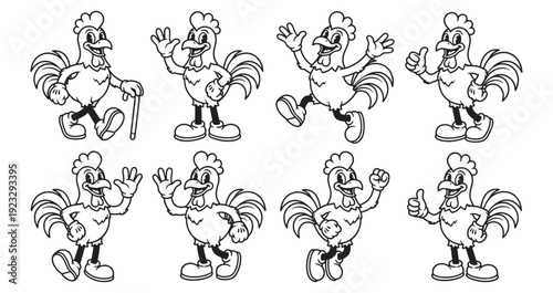 rooster funny cartoon mascot character in different poses