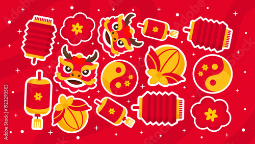 Colorful dragon and lion dance heads with traditional accordion lanterns and floral symbols for cultural parade theme