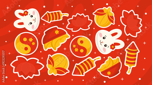 Flat design elements featuring cute bunny heads with firecrackers and red lotus flowers for oriental spring festival background