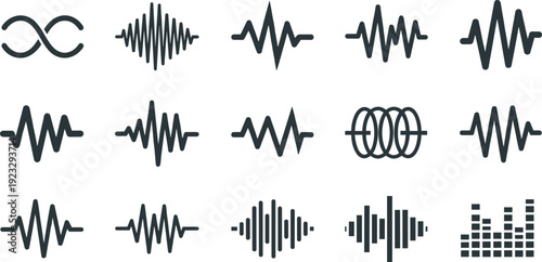 Minimal Audio Waveform Icon Set Featuring Sound Signals, Music Visualizations, Equalizer Bars, Frequency Waves for Media Apps, Audio Interfaces, and Digital Design Projects