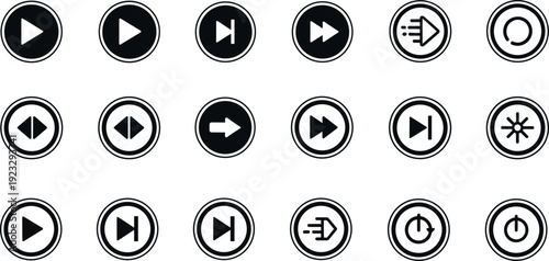 Media player control icon set featuring play, pause, stop, forward, rewind, skip, navigation, and power buttons in bold circular monochrome vector style