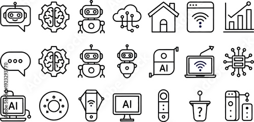 AI and Technology Icon Array: A captivating assortment of AI and technology icons in various shapes and forms, perfect for design and presentation.