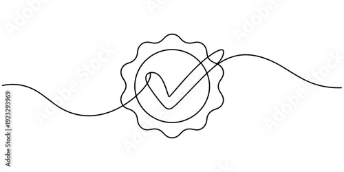 continuous line verification icon.one line drawing of star and verification check mark on social media. verification sign for artists, content creator, public figures. single line vector illustration.