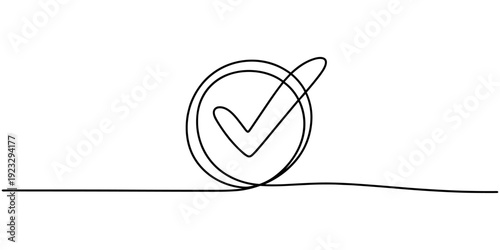 continuous line verification icon.one line drawing of star and verification check mark on social media. verification sign for artists, content creator, public figures. single line vector illustration.
