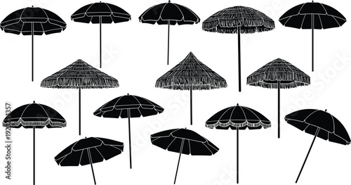 Black, umbrella, silhouettes, collection, isolated, on, white, background, beach, patio, sunshade, protection, summer, vacation, set, vector, illustration, design, elements, symbols.