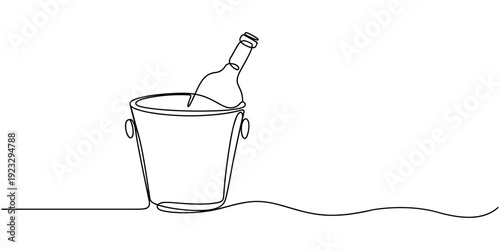 Continuous one line drawing Champagne bottle Wine Bucket Alcoholic drink and glass. one line drawing on white background.