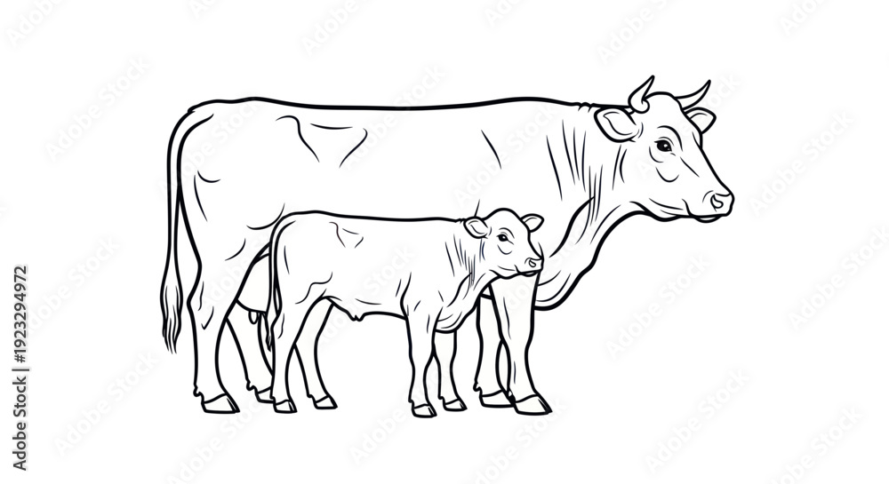 Fototapeta premium Mother Cow and Calf Line Drawing - Farm Animals Illustration