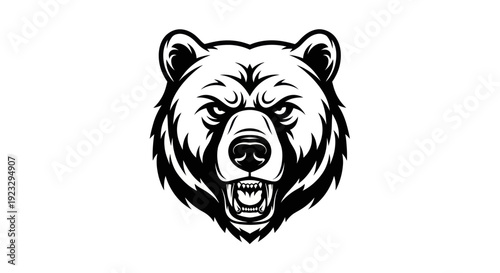 Fierce Grizzly Bear Head Logo, Black and White Roaring Animal Illustration