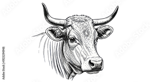Hand-drawn sketch of a cow's head with long horns on a white background