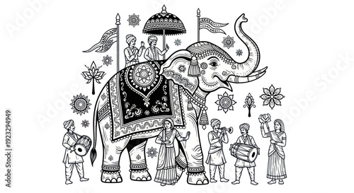 Indian Elephant Procession with Musicians and Dancers, Traditional Celebration