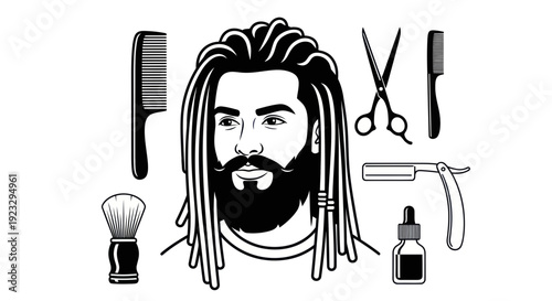 Man with Dreadlocks and Barber Tools Vector Illustration