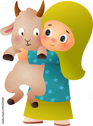 Cute Muslim girl hugging baby goat cartoon character isolated illustration