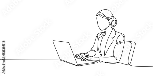 Continuous one line drawing of Woman working on a Laptop, Single line art concept Vector illustration, isolated on transparent background.