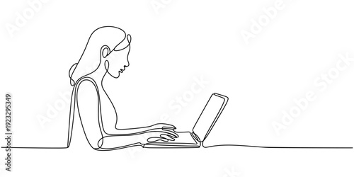Woman working on a laptop in one line art style. Drawing of a faceless person using a computer with editable black stroke on a white background. Vector illustration.