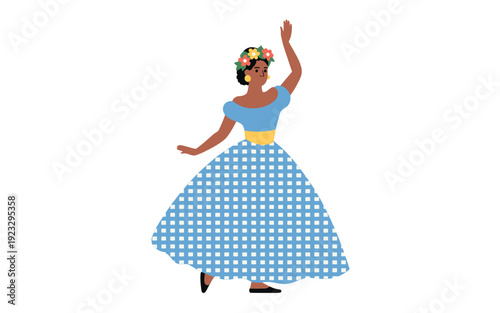 A vibrant illustration of a woman dancing in a traditional blue and white polka dot dress with a yellow sash.