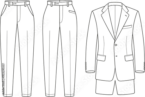 Men's Formal Business Suit and Tailored Trousers Technical Fashion Illustration, Classic Blazer CAD Flat Sketch Vector Template with Pocket Details and Waistband Variations