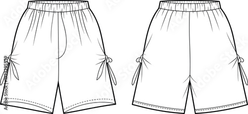 Women's Casual Lounge Shorts Technical Fashion Illustration, Elastic Waistband Summer Trunks CAD Flat Sketch Vector Template with Side Tie Knot and Hem Detail