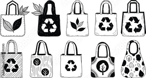 Eco-Friendly Tote Bag Designs: A collection of creatively designed eco-friendly tote bags, each featuring unique nature-inspired graphics and the universal recycling symbol.