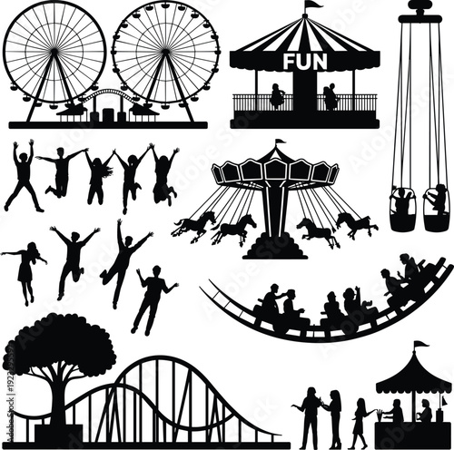 Amusement Park Silhouettes Collection Featuring Ferris Wheel, Roller Coaster, Carousel, Swing Ride and Happy Visitors Isolated on White Background for Entertainment Theme Design