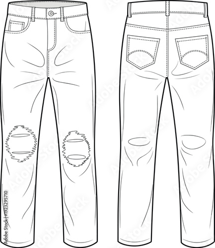 Men's Distressed Denim Jeans Technical Fashion Illustration, Ripped Skinny Fit Pants CAD Flat Sketch Vector Template with Front and Back View Pocket Detail Variations