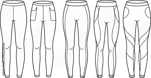 Women's Performance Leggings Technical Fashion Illustration Set, Activewear Yoga Pants CAD Flat Sketch Vector Template with High Waistband and Side Pocket Detail Variations