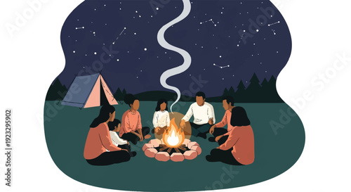 Multigenerational Diverse Family Enjoying Campfire & Starry Night Outdoors