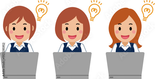 ひらめき顔でパソコンを操作するネイビー事務服の若い女性