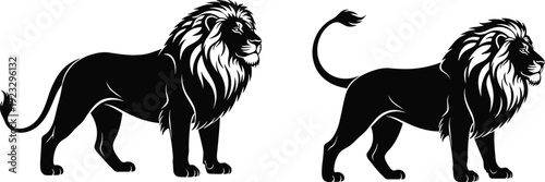 Two majestic lion silhouettes standing side by side, detailed manes, muscular bodies, wildlife predator symbols for logo tattoo art design