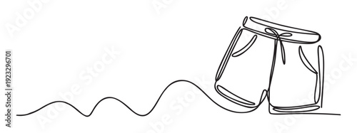 Simple continuous line drawing of casual summer shorts with a wavy dynamic line, perfect for apparel branding, fashion advertisements, or minimalist lifestyle blogs.