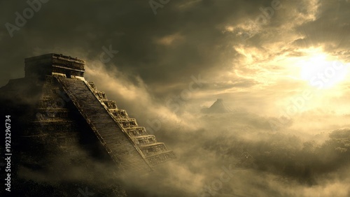 Ancient Mayan pyramidal temple, shrouded in mist at sunrise.