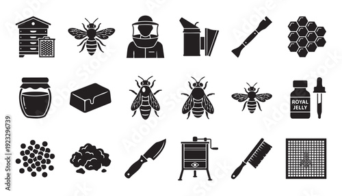 Comprehensive collection of beekeeping essentials including various bee species, honey production tools, and beneficial bee products perfect for educational materials or apiary business