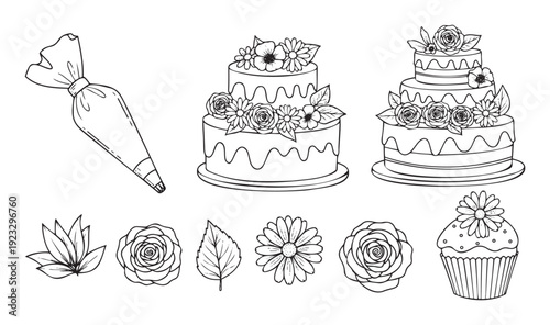 Hand drawn outline sweet treats and baking supplies set featuring decorated tiered cakes, cupcakes, various flowers, and a piping bag for menus, invitations, and culinary projects