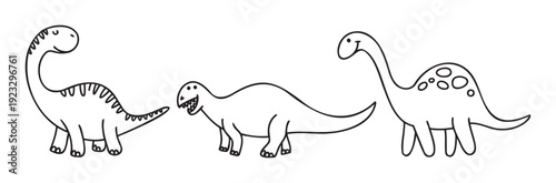 Three friendly smiling prehistoric animals in a simple line drawing style perfect for childrens educational materials and fun decorative merchandise