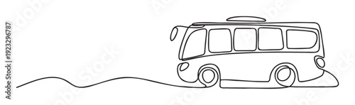 A continuous single line drawing of a charming vacation bus traveling along a winding road, ideal for travel themed promotions, holiday brochures, or minimalist transportation presentations.
