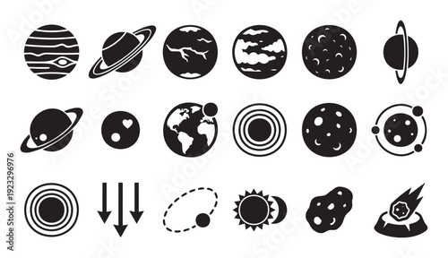 Explore the cosmos with a versatile collection of planetary and astronomical symbols, perfect for educational materials, scientific presentations, or space themed graphic applications.