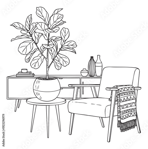 Line drawing of a modern living room interior featuring a fiddle leaf fig plant, stylish armchair with blanket, and elegant sideboard, perfect for home decor inspiration and minimalist