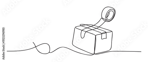 Simple continuous line drawing of a cardboard box being sealed with packing tape perfect for expressing concepts of delivery shipping logistics and packaging services