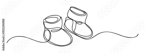 Elegant continuous one line drawing of two adorable baby booties, perfect for maternity announcements, baby shower invitations, or newborn child care product branding