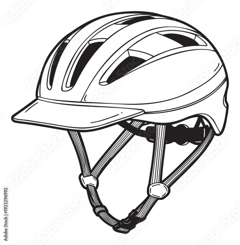 Black and white outline drawing of a modern bicycle helmet with a visor and adjustable chin straps, ideal for illustrating cycling safety equipment and sports apparel protection.