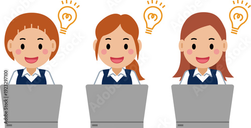 ひらめき顔でパソコンを操作するネイビー事務服の若い女性。その2