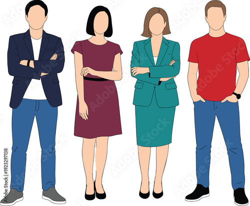 Diverse business team standing together in smart casual attire, confident professional men and women isolated on white background, corporate partnership and teamwork concept illustration