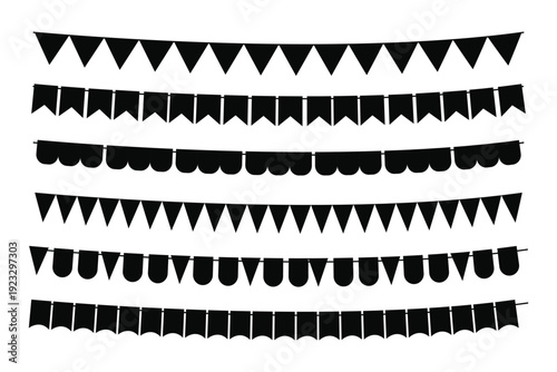 Black carnival party flags, festive pennants hanging on a rope. Festival vector decoration.