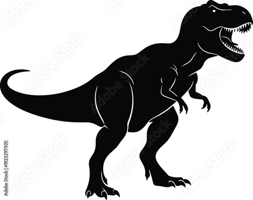 Tyrannosaurus rex dinosaur silhouette, black vector illustration of prehistoric carnivore, fierce iconic creature design for logo, emblem, artwork
