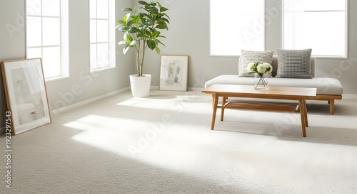 Bright and airy living room with natural light streaming through large windows, featuring a minimalist sofa, wooden coffee table, and potted plant